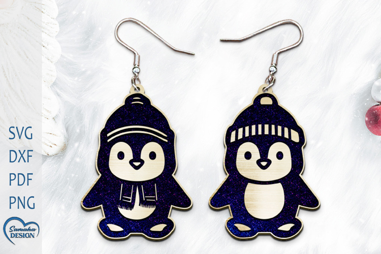 Christmas Earrings Laser Cut. Christmas penguin Laser Cut.