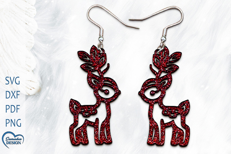 Christmas Earrings Laser Cut. Christmas Deer Laser Cut.