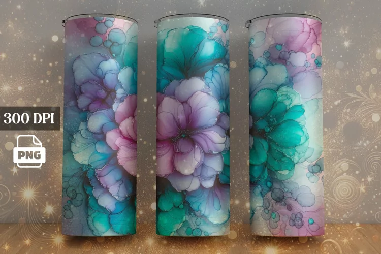 Teal Ink Flower Skinny Tumbler Sublimation, 20 OZ Tumbler