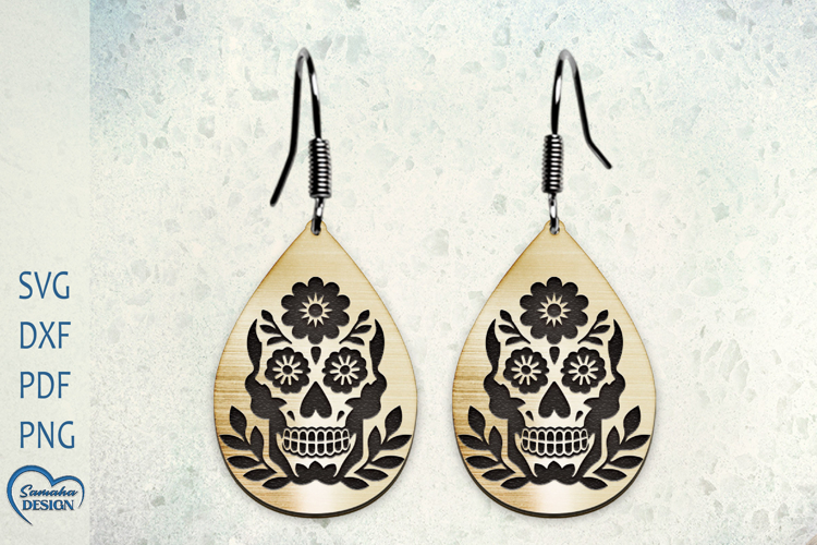 Earrings Laser Cut. Flower Scull Laser Cut. Halloween Scull.