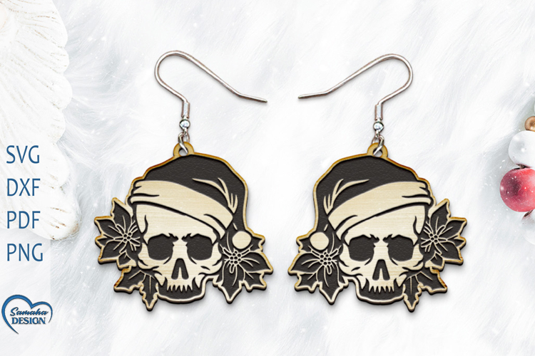 Christmas Earrings Laser Cut. Christmas Scull Engraved.