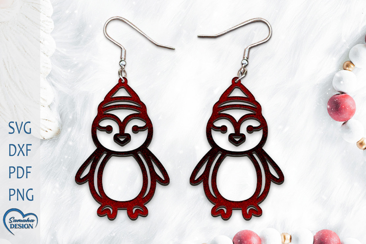 Christmas Earrings Laser Cut. Christmas penguin Laser Cut.