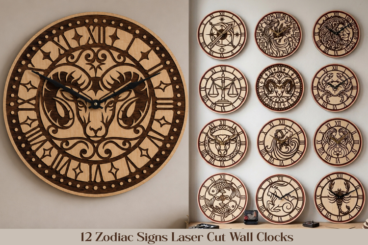 Zodiac Signs Wall clock laser cut Bundle. Clock face.