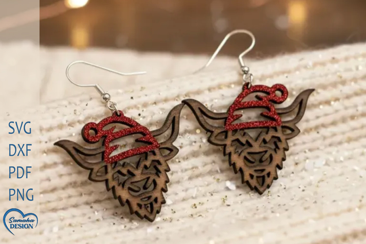 Christmas Earrings Laser Cut. Christmas Highland Cow Laser.