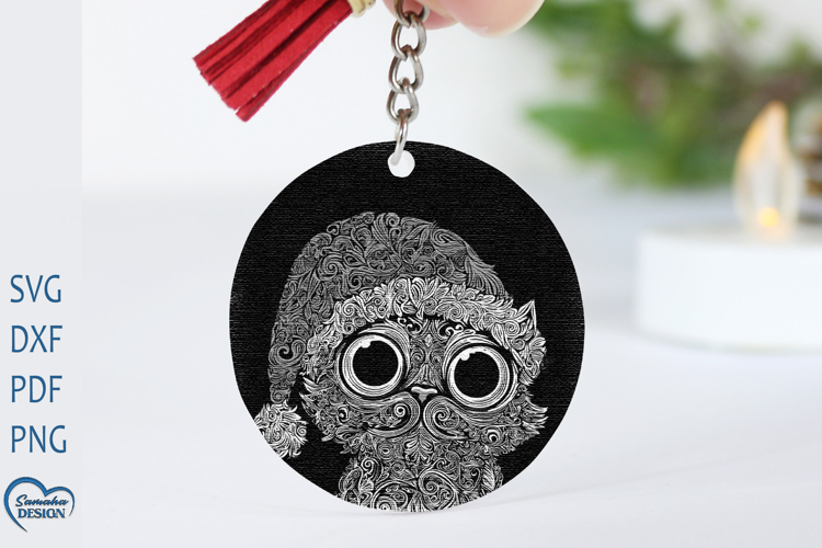 Christmas Cat Keychain Laser Engraving PNG.