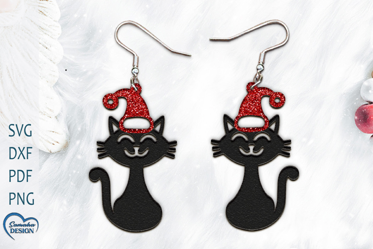 Christmas Earrings Laser Cut. Christmas Cat Laser Cut.