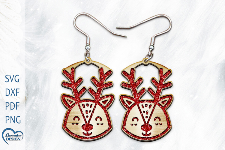 Christmas Earrings Laser Cut. Christmas Deer Laser Cut.