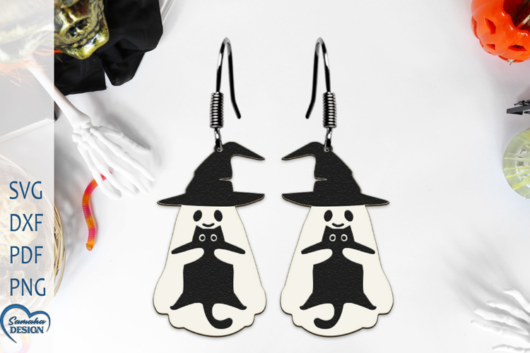 Earrings Laser Cut. Cute Ghost Laser Cut. Halloween Cute Cat