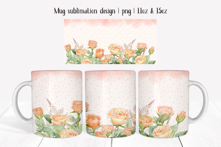 Flower mug wrap with orange roses. 11oz mug sublimation example image 1