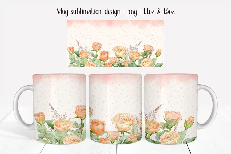 Flower mug wrap with orange roses. 11oz mug sublimation