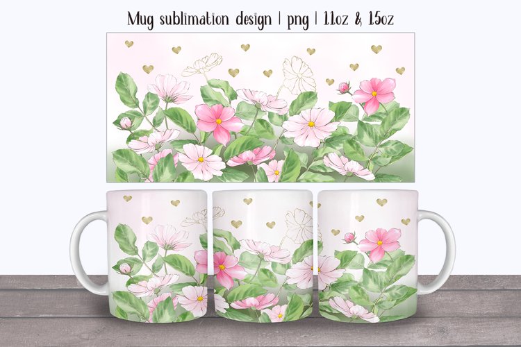 Spring mug. Floral mug wrap with pink wild flowers. 11oz mug example image 1