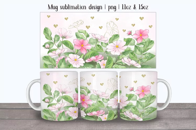 Spring mug. Floral mug wrap with pink wild flowers. 11oz mug