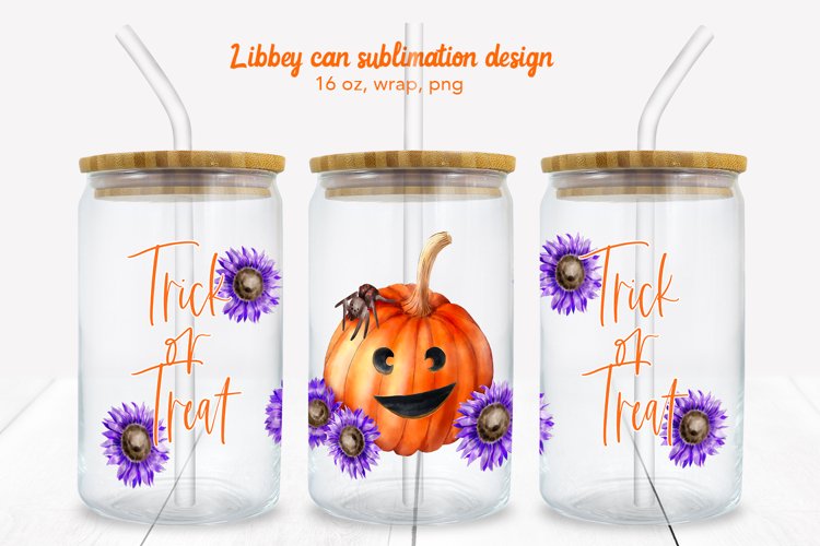 Trick & Treat with Pumpkin Halloween Can Glass. Can wrap example image 1