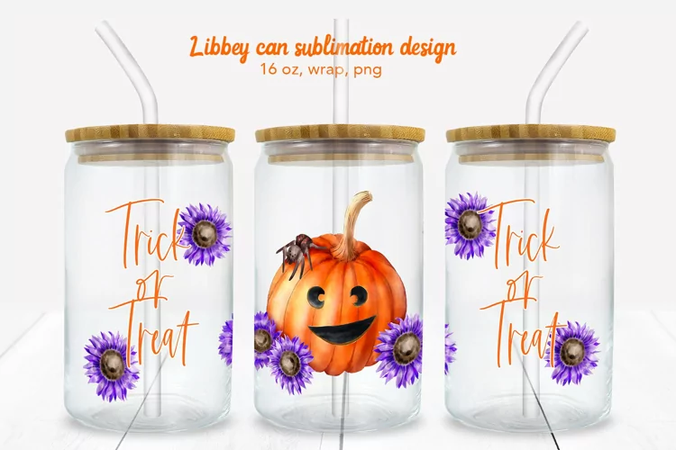 Trick & Treat with Pumpkin Halloween Can Glass. Can wrap