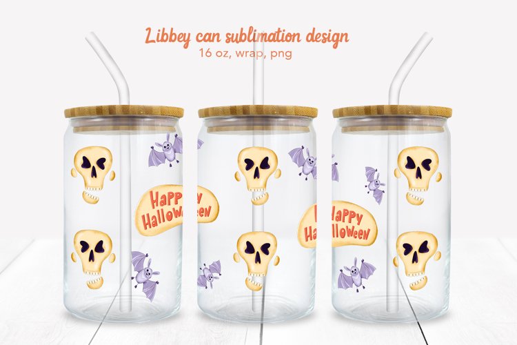 Halloween Can Glass, Libbey can with skulls. Happy Halloween example image 1
