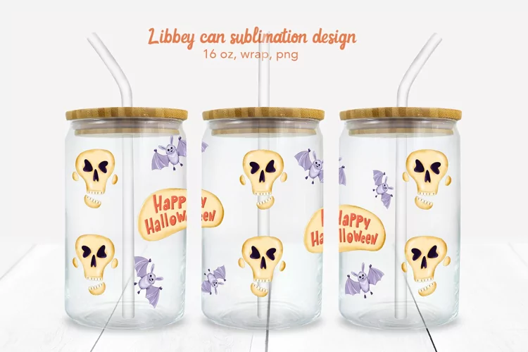 Halloween Can Glass, Libbey can with skulls. Happy Halloween