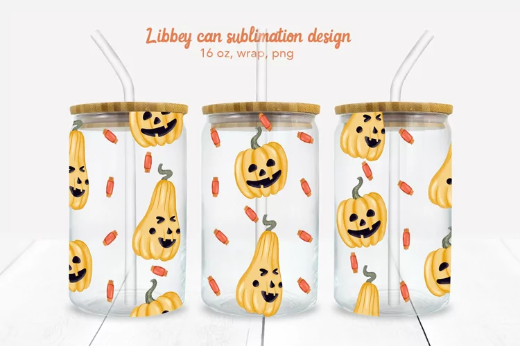 Halloween Can Glass, Can glass wrap with Halloween Pumpkins