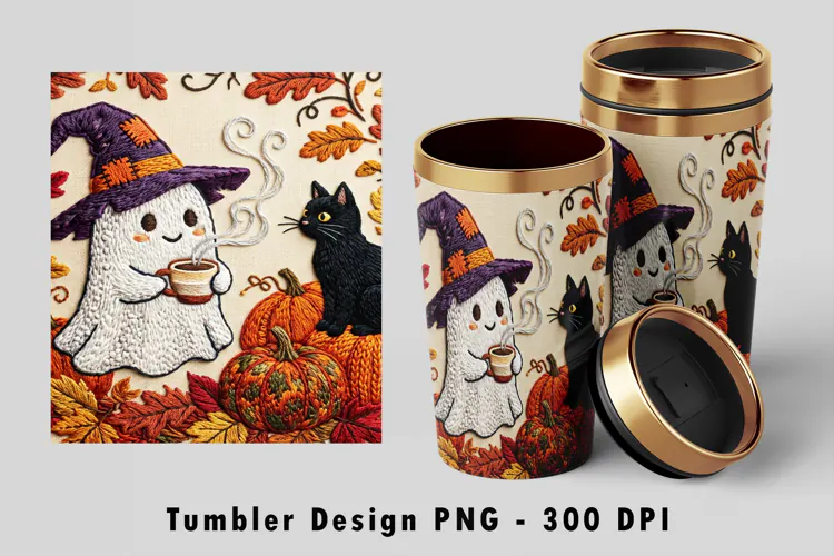 Embroidered Ghost Tumbler Wrap PNG Coffee Sublimation