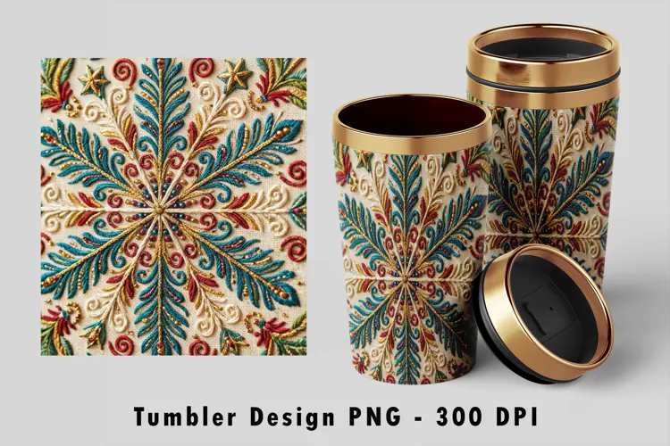 Embroidered Snowflake Tumbler Wrap Sublimation PNG Design