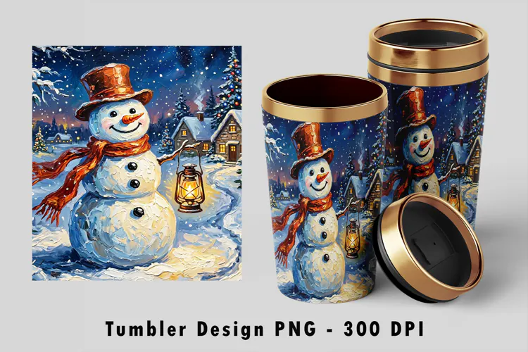 Oil Painting Snowman Tumbler Wrap Sublimation PNG Design