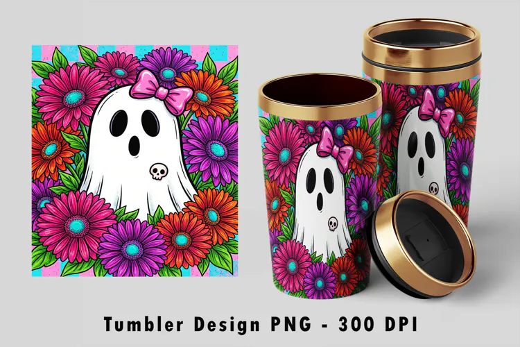 Cute Ghost Floral Tumbler PNG Halloween Sublimation Design