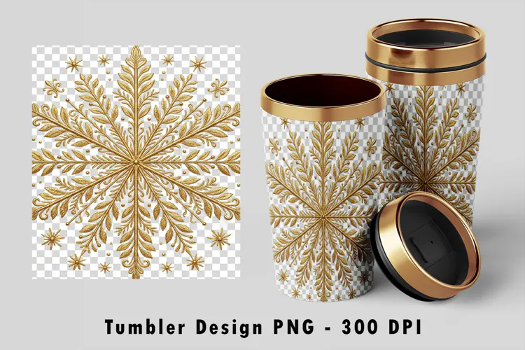 Golden Snowflake Tumbler Sublimation PNG 300 DPI