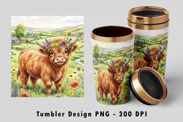 Highland Cow Floral Tumbler Wrap Sublimation PNG Design example image 1