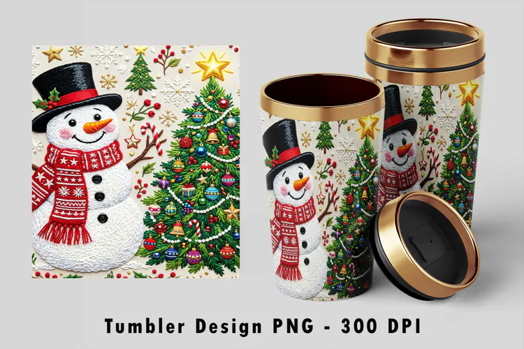 Embroidered Snowman Tree Tumbler Wrap Sublimation PNG Design