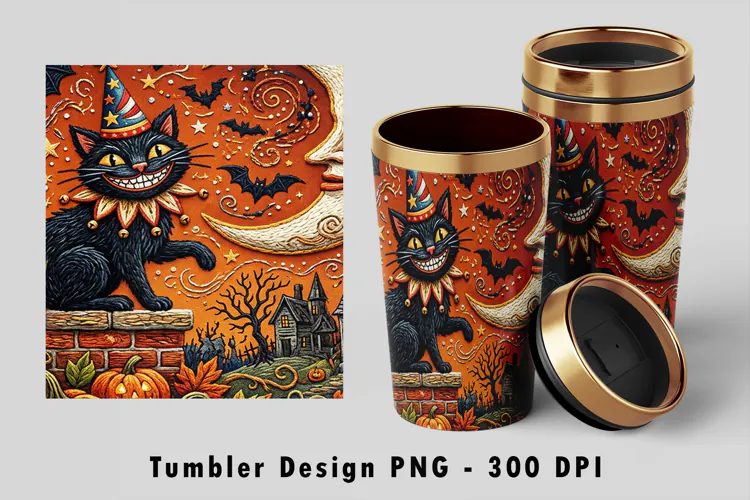 Embroidered Jester Cat Tumbler Wrap PNG Sublimation Design