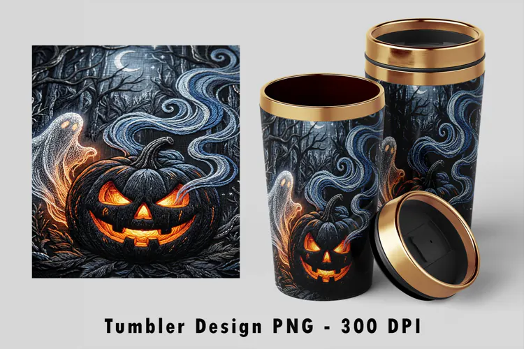 Embroidered Pumpkin Tumbler Wrap PNG 300 DPI