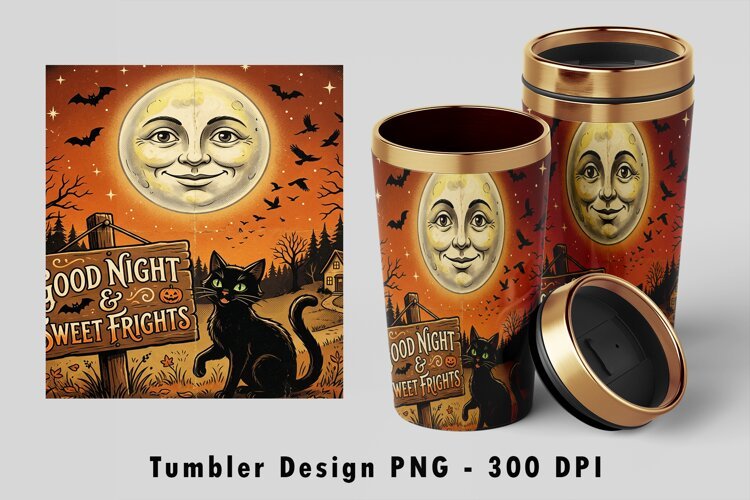 Vintage Halloween Tumbler Wrap PNG Black Cat Sublimation example image 1