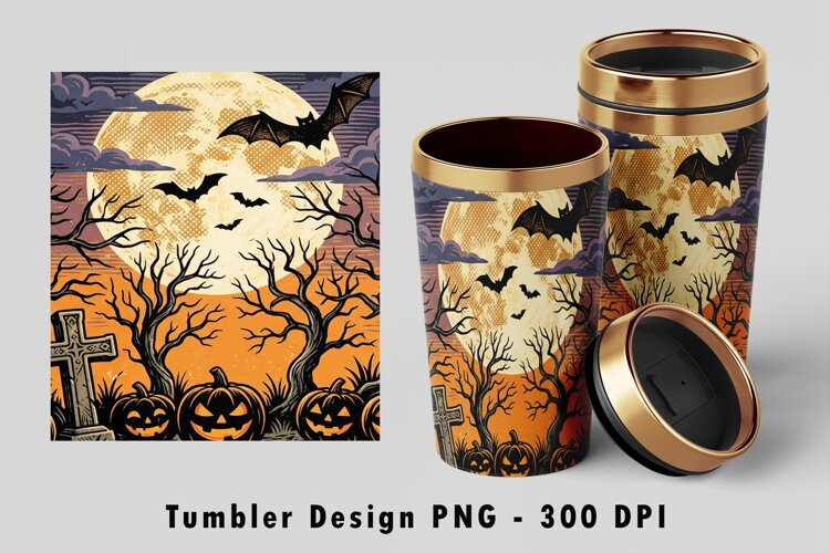 Halloween Tumbler Wrap PNG Vintage Graveyard Sublimation Art example image 1