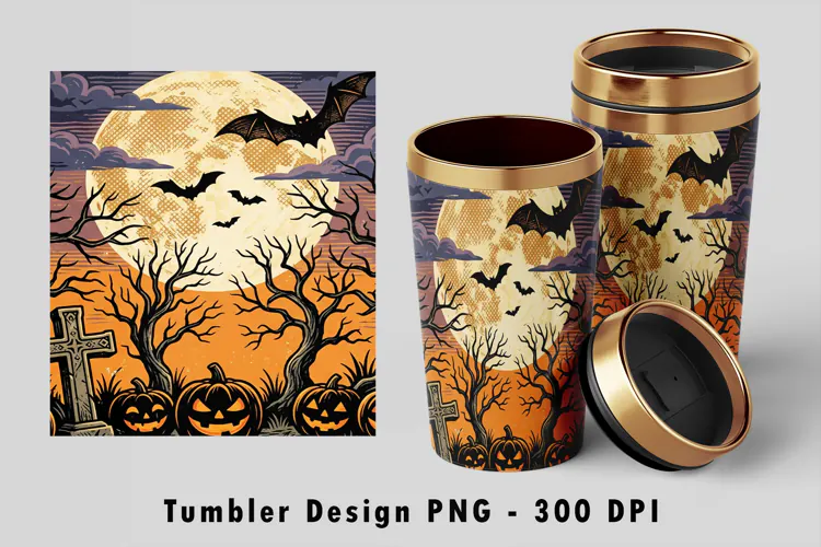 Halloween Tumbler Wrap PNG Vintage Graveyard Sublimation Art