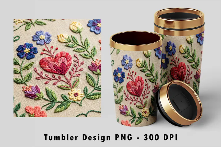 Embroidered Floral Heart Tumbler Sublimation PNG Wrap Design