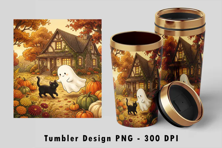 Fall Ghost Tumbler Wrap PNG Cute Black Cat Sublimation