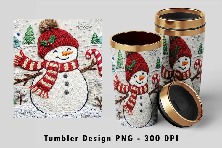 Embroidered Snowman Tumbler Sublimation PNG 300 DPI