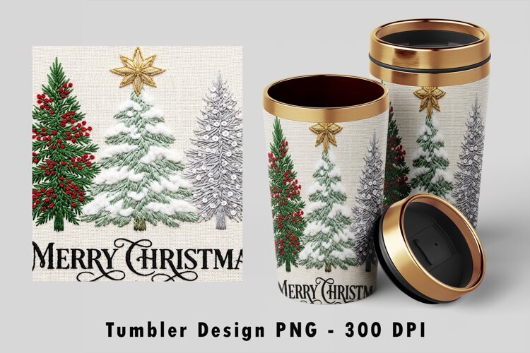 Embroidered Christmas Trees Tumbler Wrap PNG Design example image 1