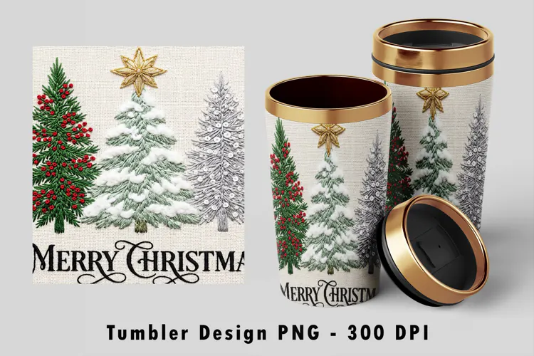 Embroidered Christmas Trees Tumbler Wrap PNG Design