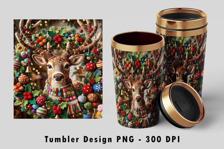 Crochet Reindeer Tumbler Wrap PNG Christmas Sublimation Art example image 1