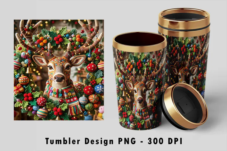 Crochet Reindeer Tumbler Wrap PNG Christmas Sublimation Art
