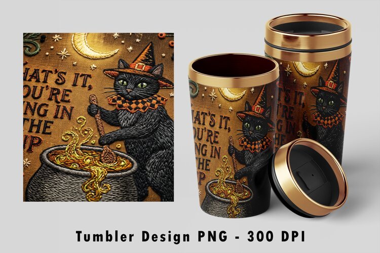 Embroidered Witch Cat Tumbler Wrap PNG Cauldron Sublimation example image 1