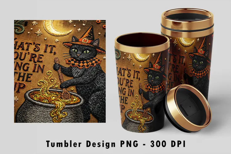 Embroidered Witch Cat Tumbler Wrap PNG Cauldron Sublimation