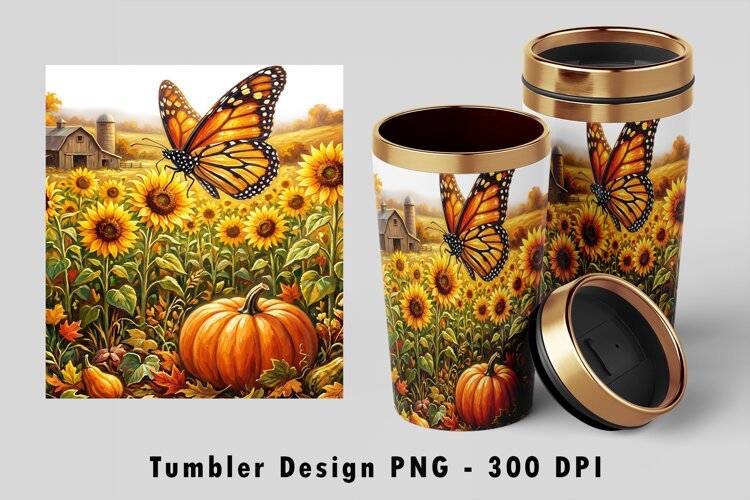 Autumn Butterfly Sunflower Tumbler PNG Sublimation Art example image 1
