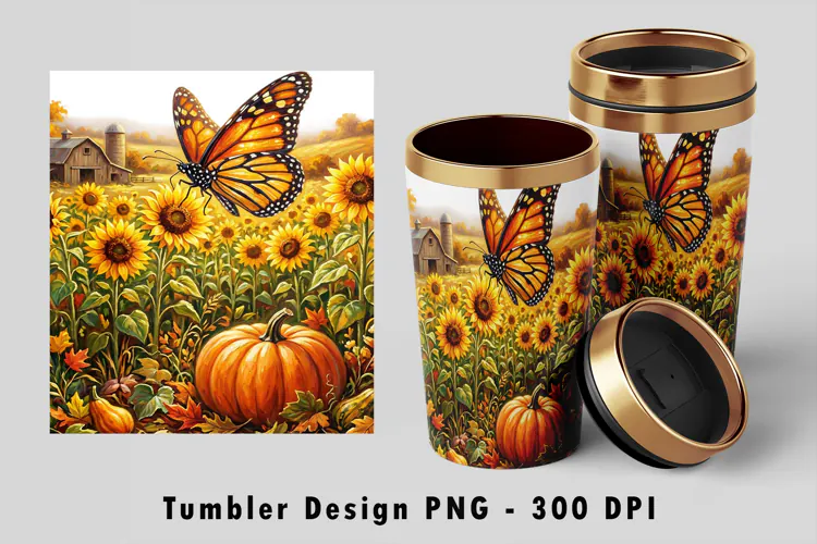 Autumn Butterfly Sunflower Tumbler PNG Sublimation Art