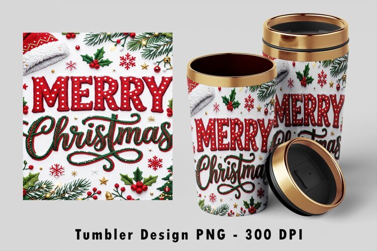Merry Christmas Embroidered Tumbler Wrap Sublimation PNG example image 1