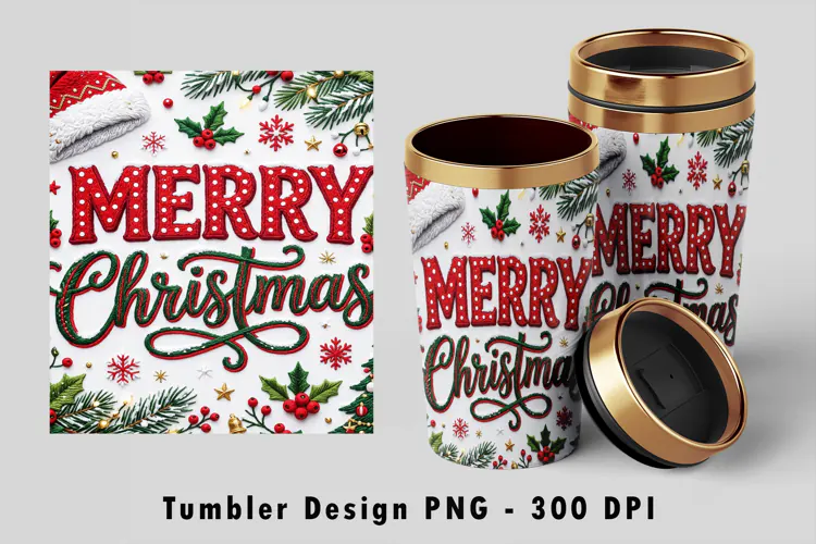 Merry Christmas Embroidered Tumbler Wrap Sublimation PNG