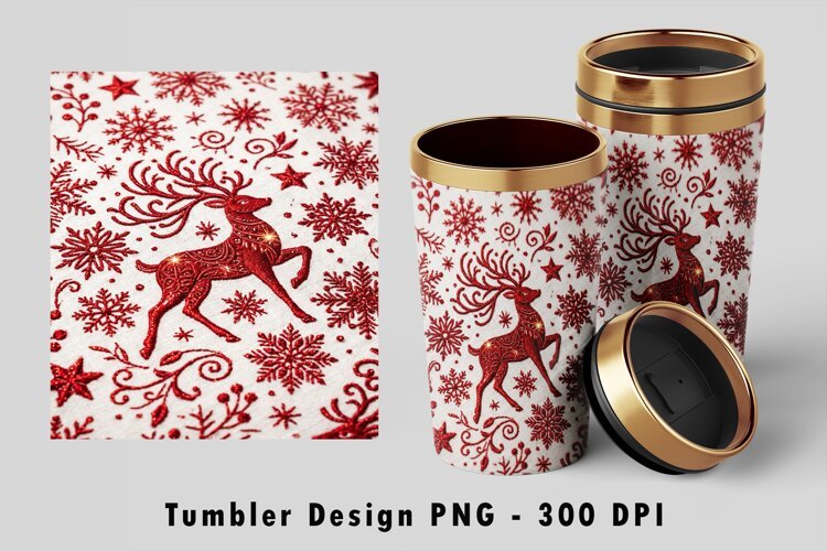 Red Reindeer Snowflake Tumbler Wrap Sublimation PNG Design example image 1