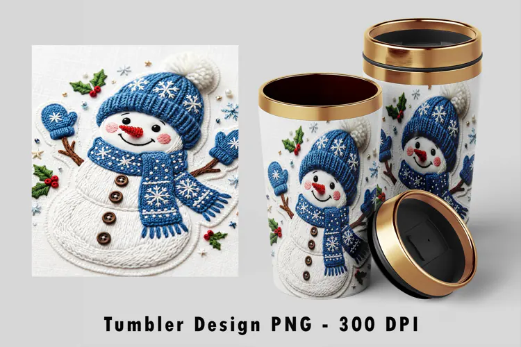Blue Knitted Snowman Tumbler Sublimation PNG 300 DPI