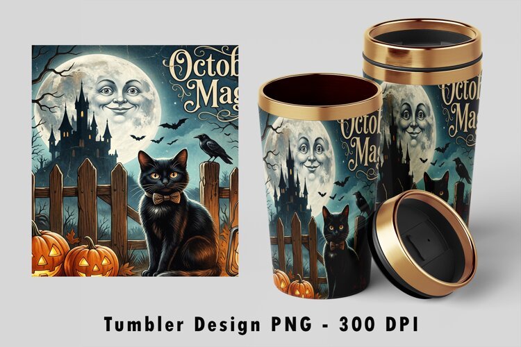 October Magic Tumbler Wrap PNG Black Cat Sublimation example image 1