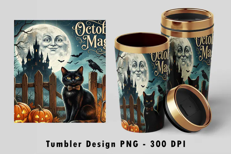 October Magic Tumbler Wrap PNG Black Cat Sublimation